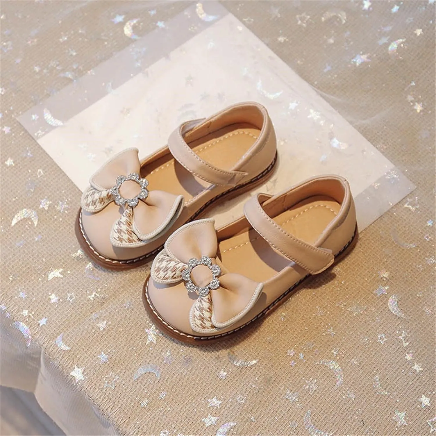 Girls Dress Leather Shoes Bow Rhinestone Princess Flats with Hook Loop for Kids Wedding Party Soft Sole Sandals