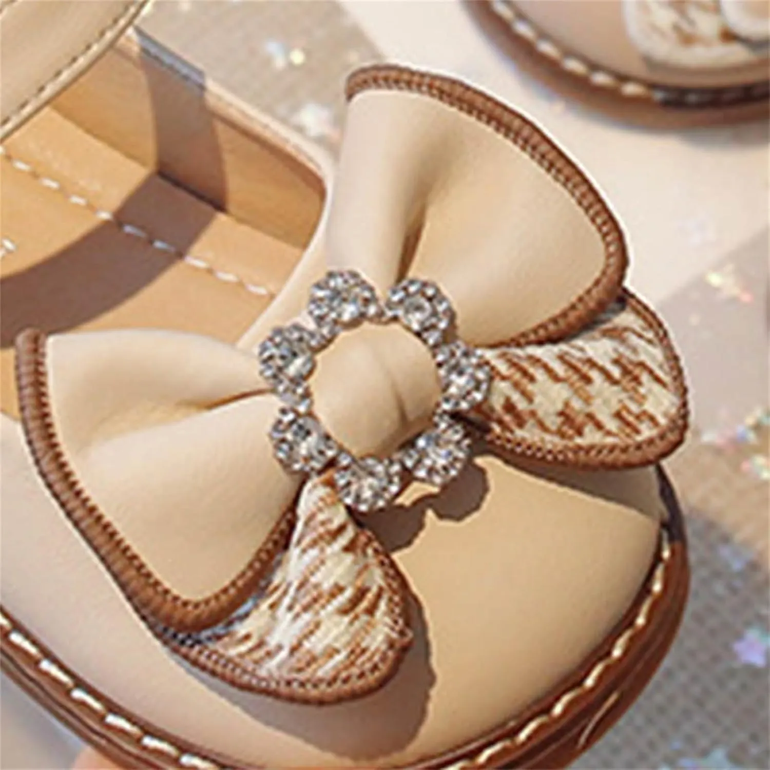 Girls Dress Leather Shoes Bow Rhinestone Princess Flats with Hook Loop for Kids Wedding Party Soft Sole Sandals