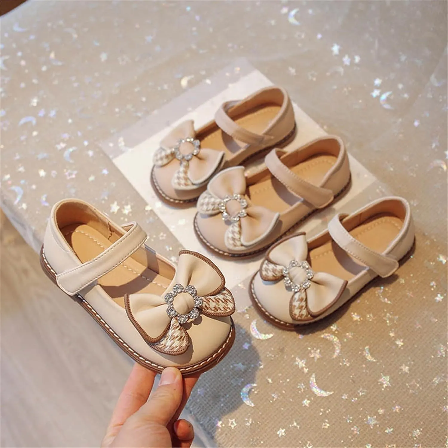 Girls Dress Leather Shoes Bow Rhinestone Princess Flats with Hook Loop for Kids Wedding Party Soft Sole Sandals
