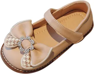 Girls Dress Leather Shoes Bow Rhinestone Princess Flats with Hook Loop for Kids Wedding Party Soft Sole Sandals