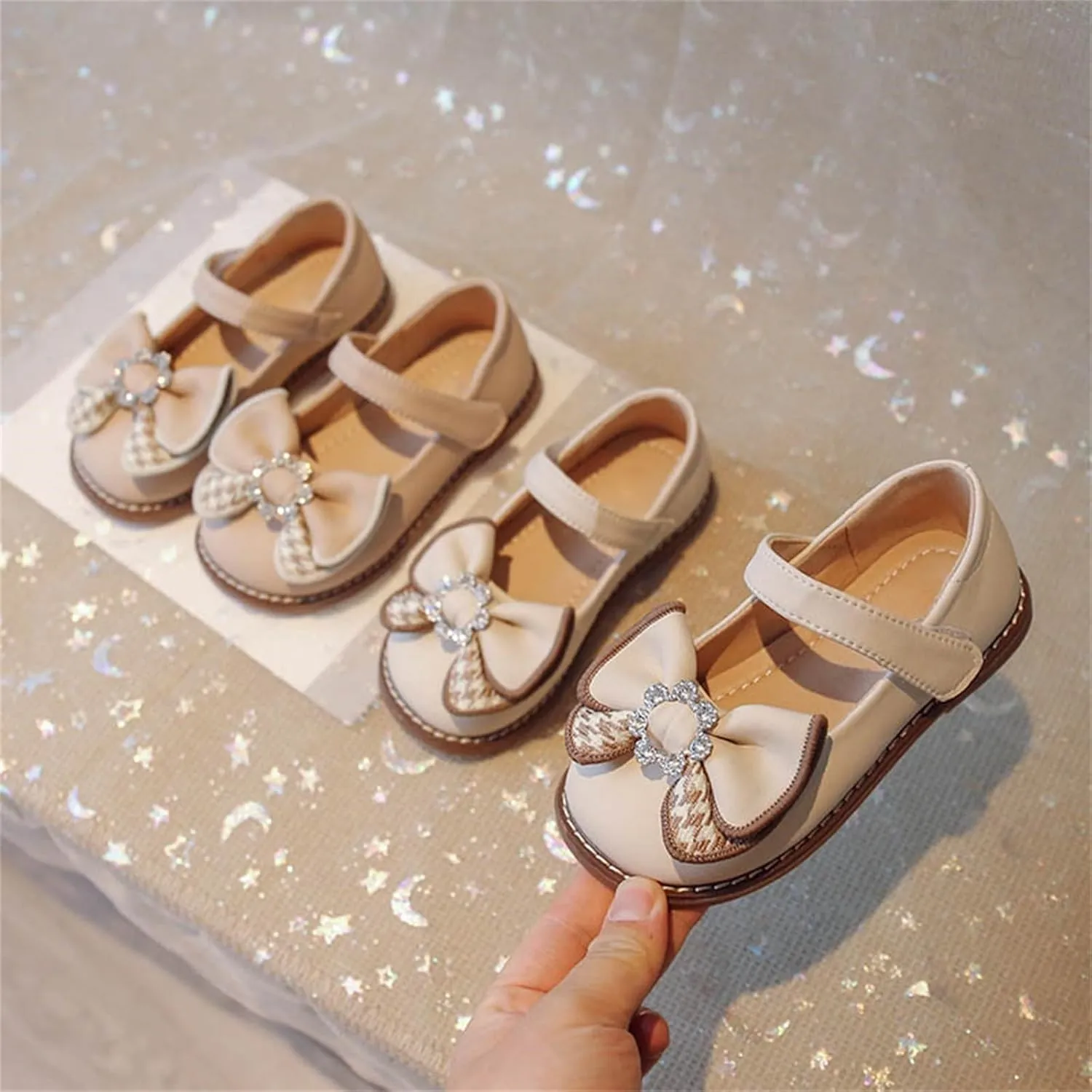 Girls Dress Leather Shoes Bow Rhinestone Princess Flats with Hook Loop for Kids Wedding Party Soft Sole Sandals