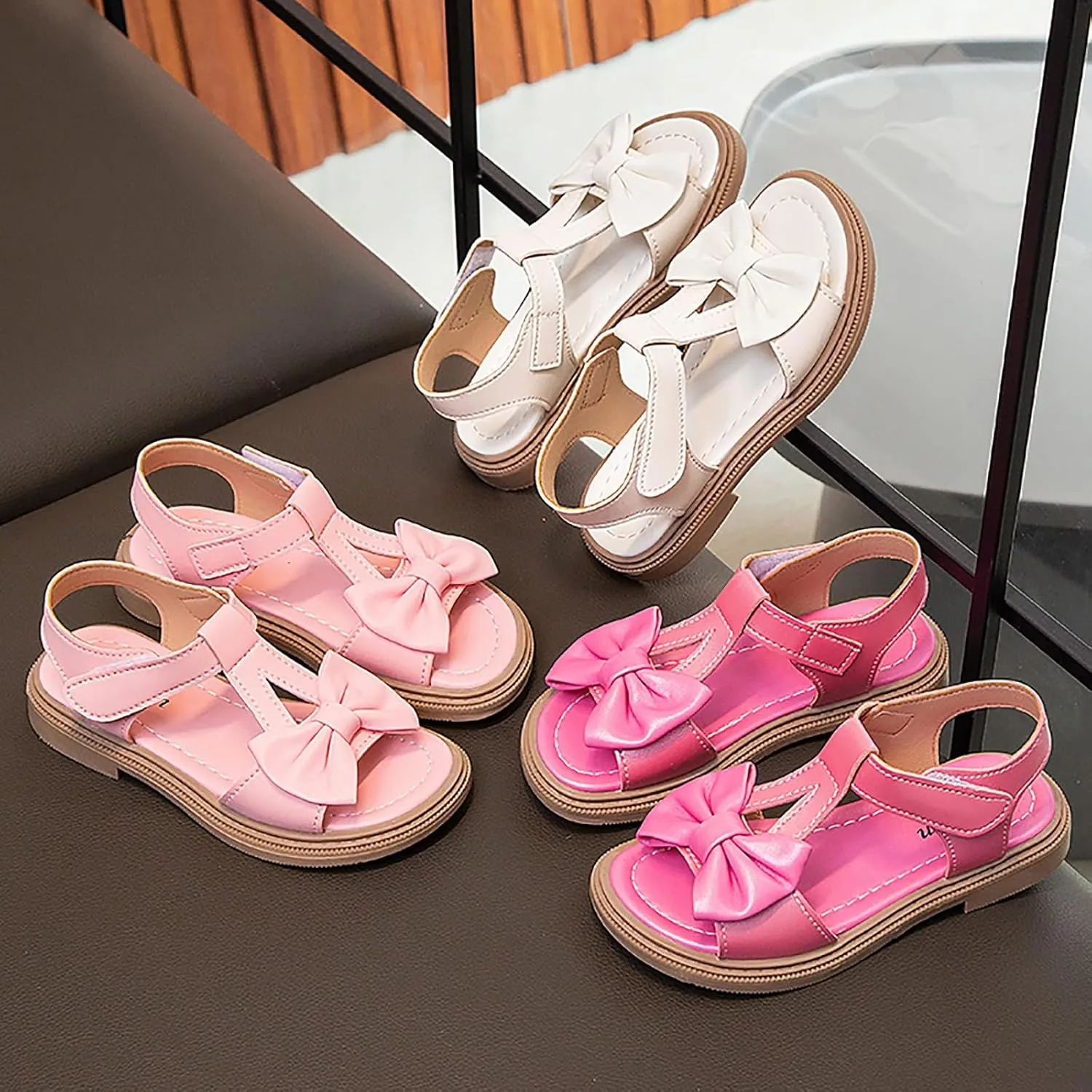 Girls Dress Sandals Kids Summer Bowknot Open Toe Ankle Straps School Princess Flat Sandal Wedding Flower Girl Shoes