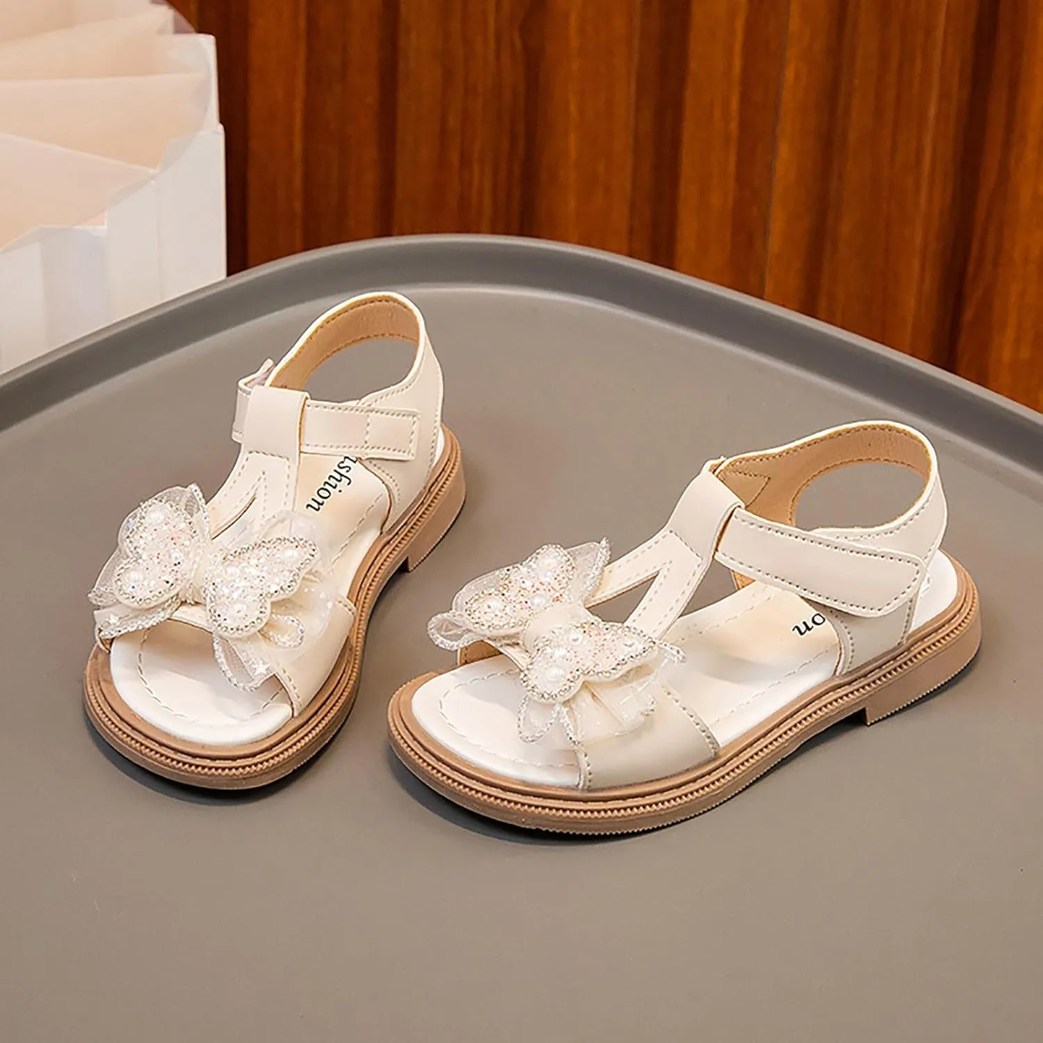 Girls Dress Sandals Kids Summer Pearls Bowknot Open Toe Ankle Straps Princess Flat Sandal Wedding Flower Girl Shoes