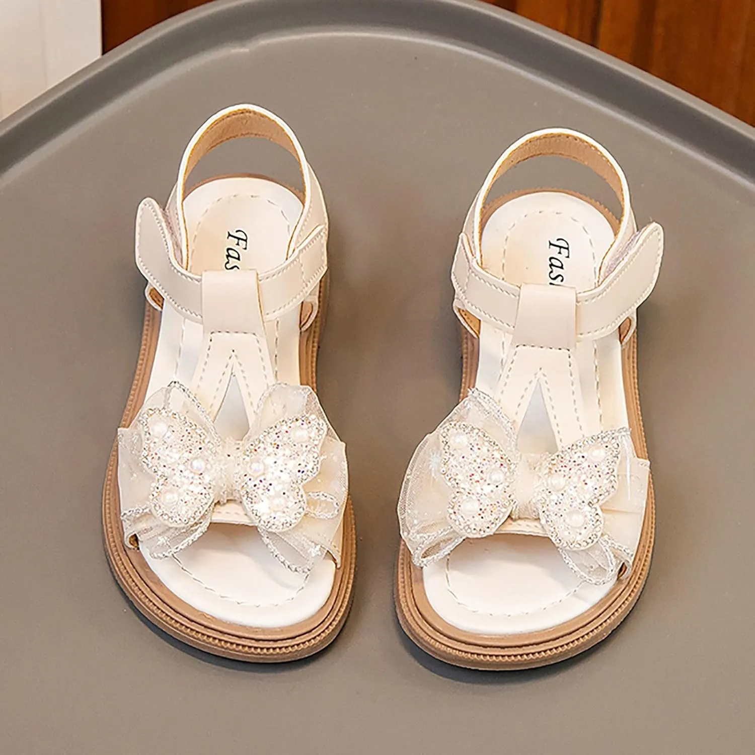 Girls Dress Sandals Kids Summer Pearls Bowknot Open Toe Ankle Straps Princess Flat Sandal Wedding Flower Girl Shoes