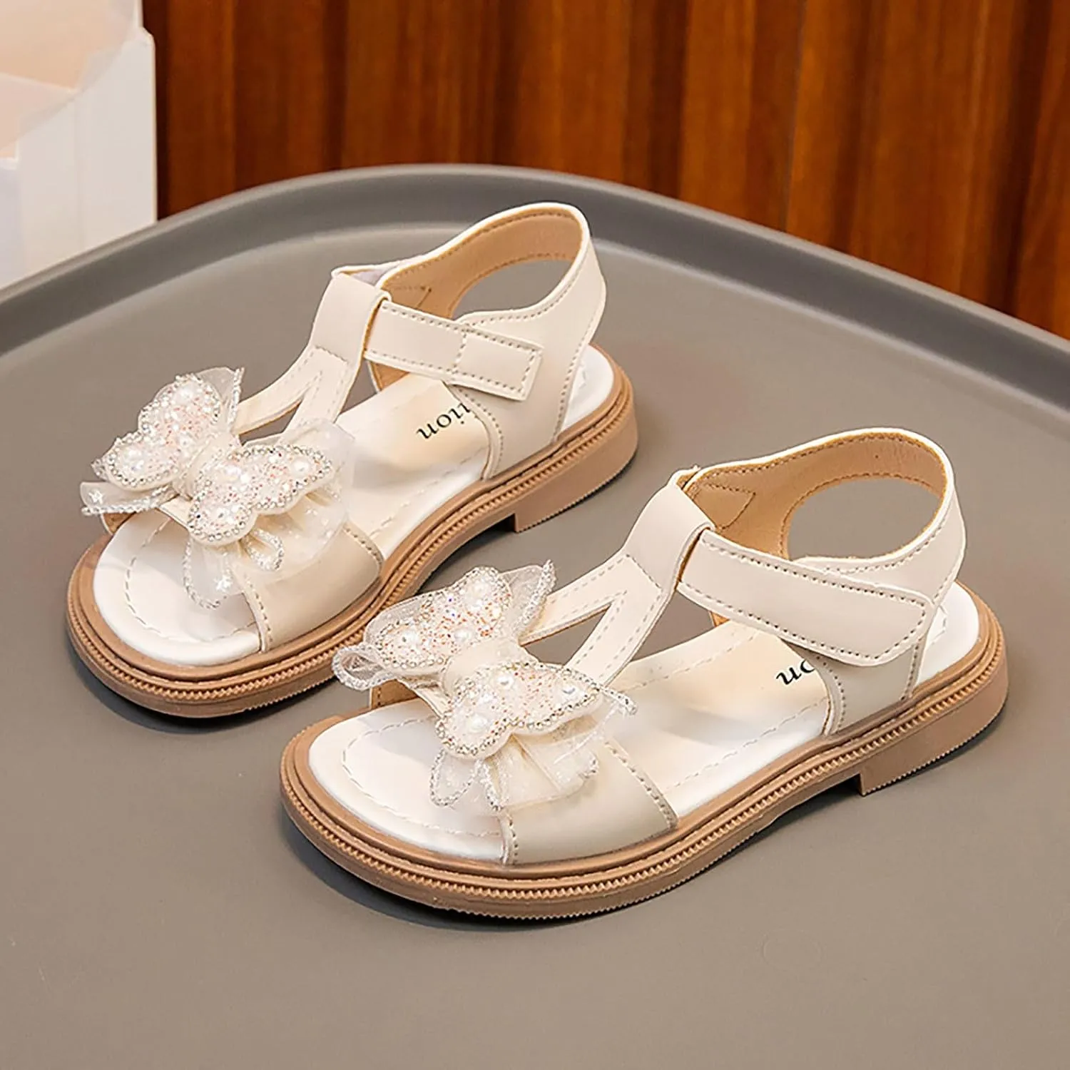 Girls Dress Sandals Kids Summer Pearls Bowknot Open Toe Ankle Straps Princess Flat Sandal Wedding Flower Girl Shoes