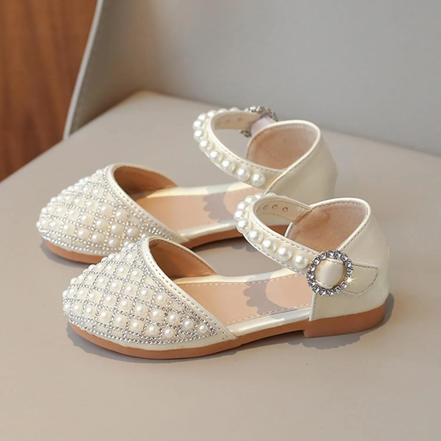 Girls Glitter Pearl Sandals Closed Toe Adjustable Straps Sandals Kids Mary Jane Princess Shoes Dress up Wedding Outdoor