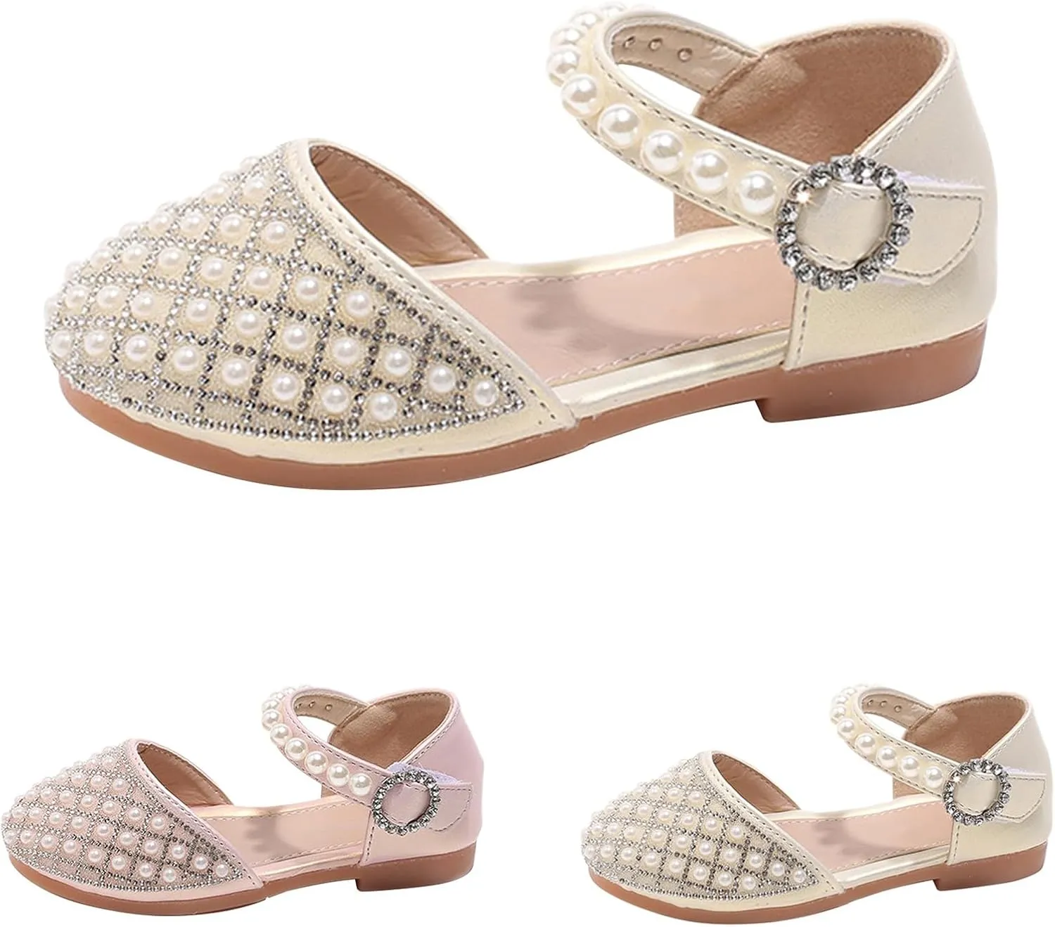 Girls Glitter Pearl Sandals Closed Toe Adjustable Straps Sandals Kids Mary Jane Princess Shoes Dress up Wedding Outdoor