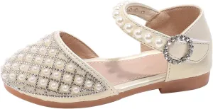 Girls Glitter Pearl Sandals Closed Toe Adjustable Straps Sandals Kids Mary Jane Princess Shoes Dress up Wedding Outdoor