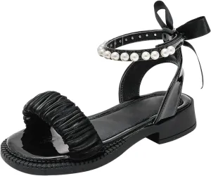 Girls Low Heel Sandals Pearl Ankle Strap Open Toe Lightweight Sandals Kids Cute Princess Shoes Dress up Wedding Outdoor