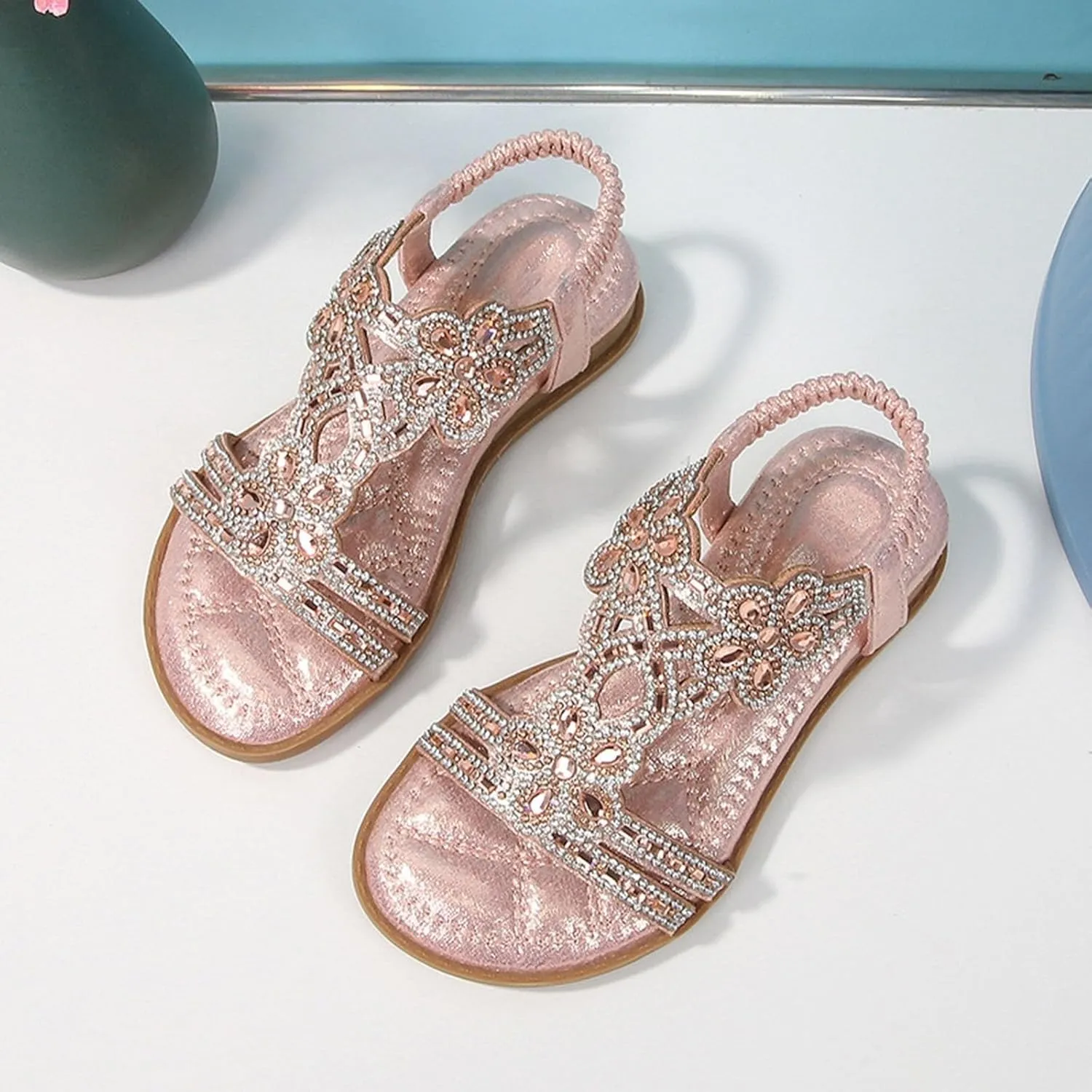 Girls Rhinestone Sandals Flower Glitter Bohemian T-Strap Flats Open Toe Non-slip Sandals Kids Casual Summer Shoes