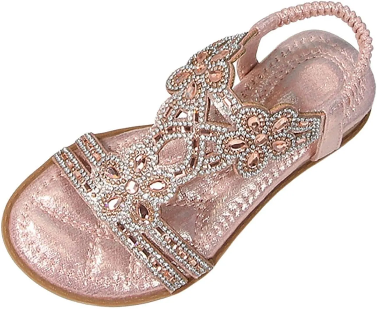Girls Rhinestone Sandals Flower Glitter Bohemian T-Strap Flats Open Toe Non-slip Sandals Kids Casual Summer Shoes