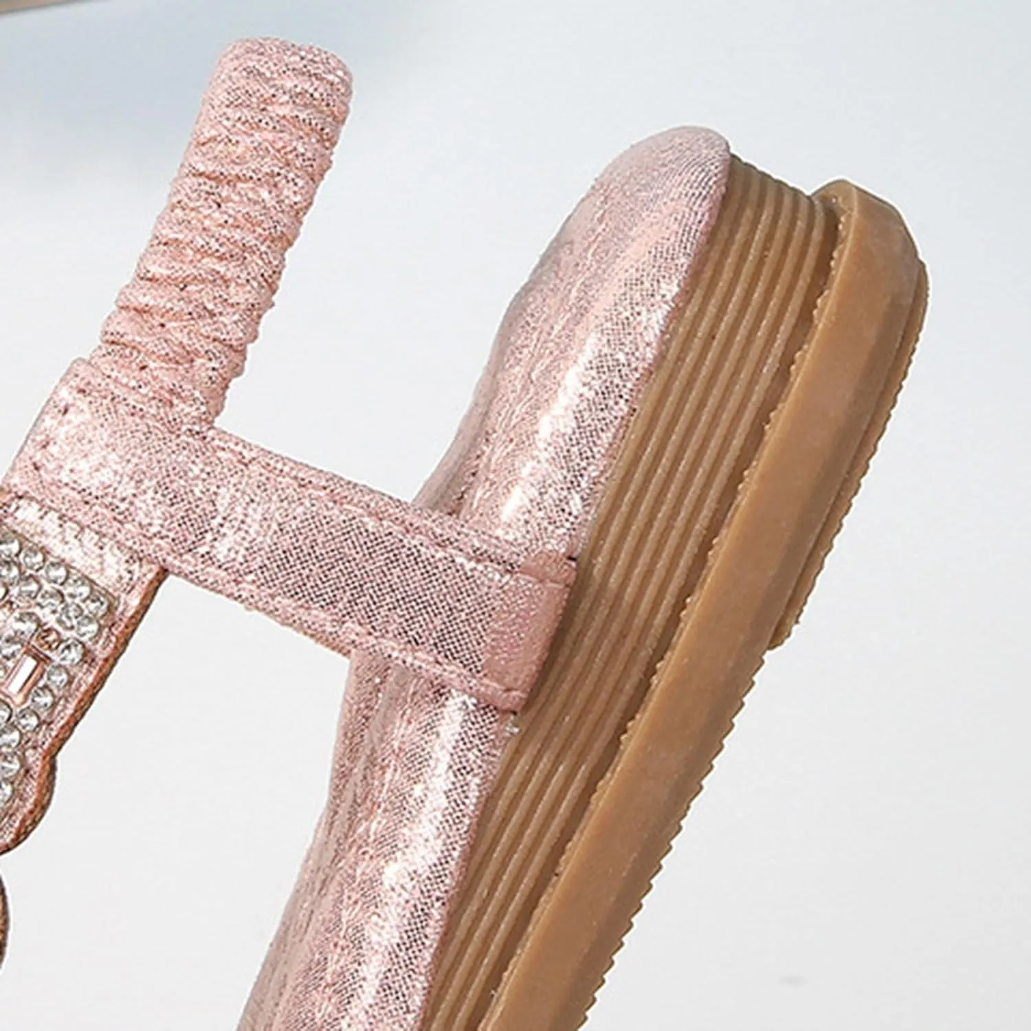 Girls Rhinestone Sandals Flower Glitter Bohemian T-Strap Flats Open Toe Non-slip Sandals Kids Casual Summer Shoes