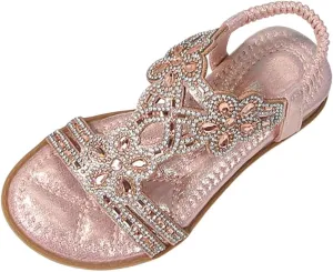 Girls Rhinestone Sandals Flower Glitter Bohemian T-Strap Flats Open Toe Non-slip Sandals Kids Casual Summer Shoes
