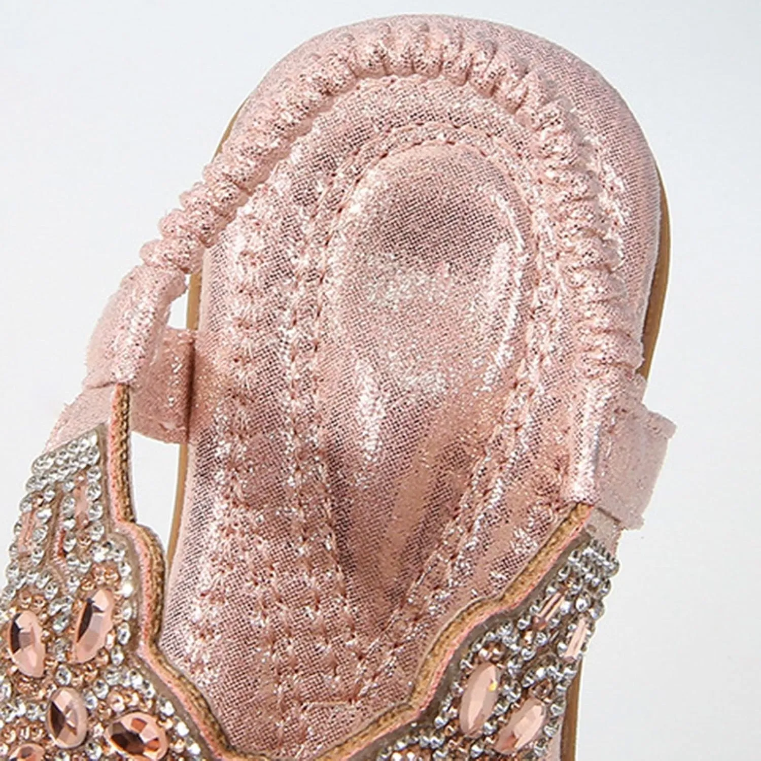 Girls Rhinestone Sandals Flower Glitter Bohemian T-Strap Flats Open Toe Non-slip Sandals Kids Casual Summer Shoes
