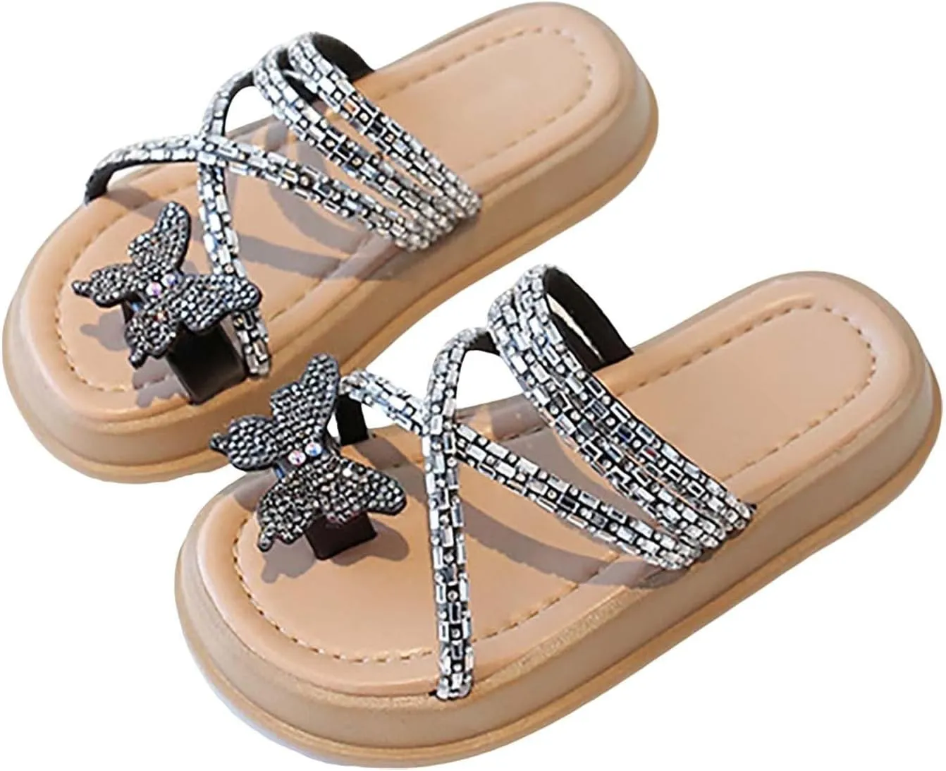Girls Sandals Butterfly Glitter Sequin hinestone Flat Open Toe Outdoor Slipper Kids Soft Summer Beach Casual Sliders