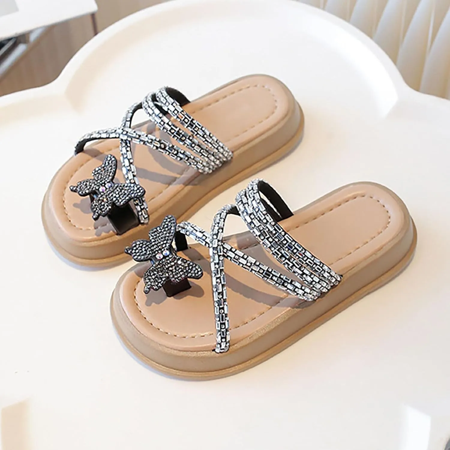 Girls Sandals Butterfly Glitter Sequin hinestone Flat Open Toe Outdoor Slipper Kids Soft Summer Beach Casual Sliders