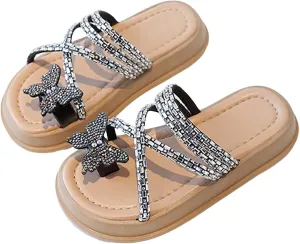 Girls Sandals Butterfly Glitter Sequin hinestone Flat Open Toe Outdoor Slipper Kids Soft Summer Beach Casual Sliders