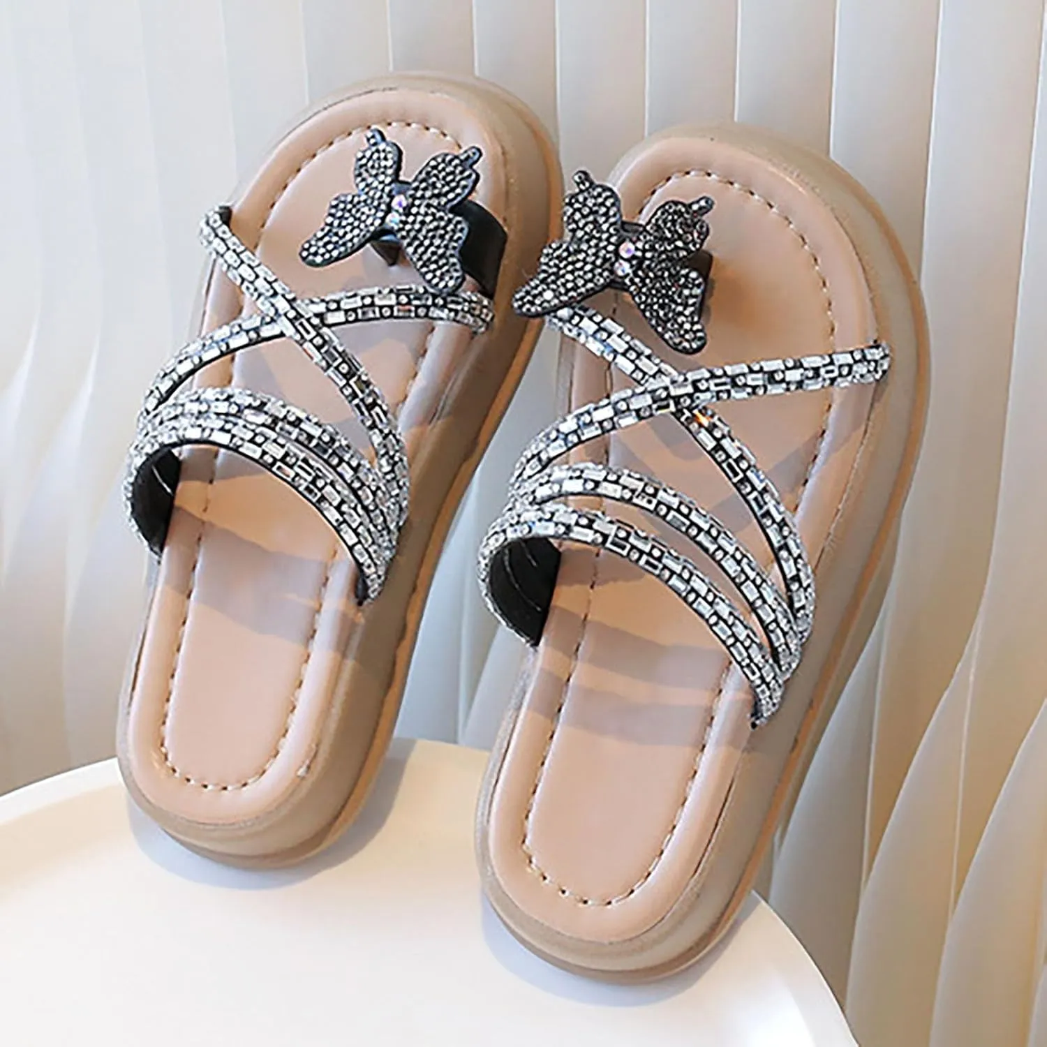 Girls Sandals Butterfly Glitter Sequin hinestone Flat Open Toe Outdoor Slipper Kids Soft Summer Beach Casual Sliders
