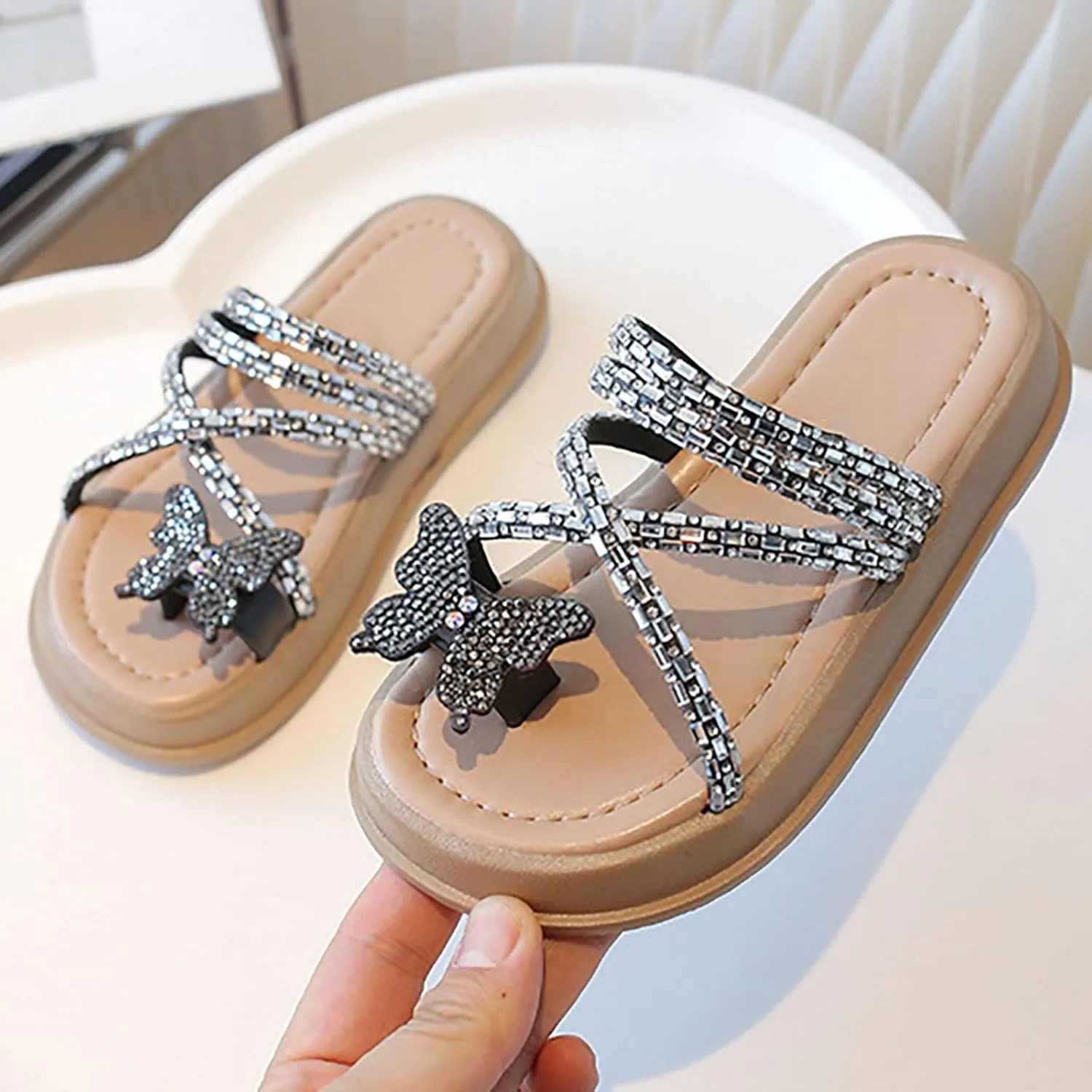 Girls Sandals Butterfly Glitter Sequin hinestone Flat Open Toe Outdoor Slipper Kids Soft Summer Beach Casual Sliders