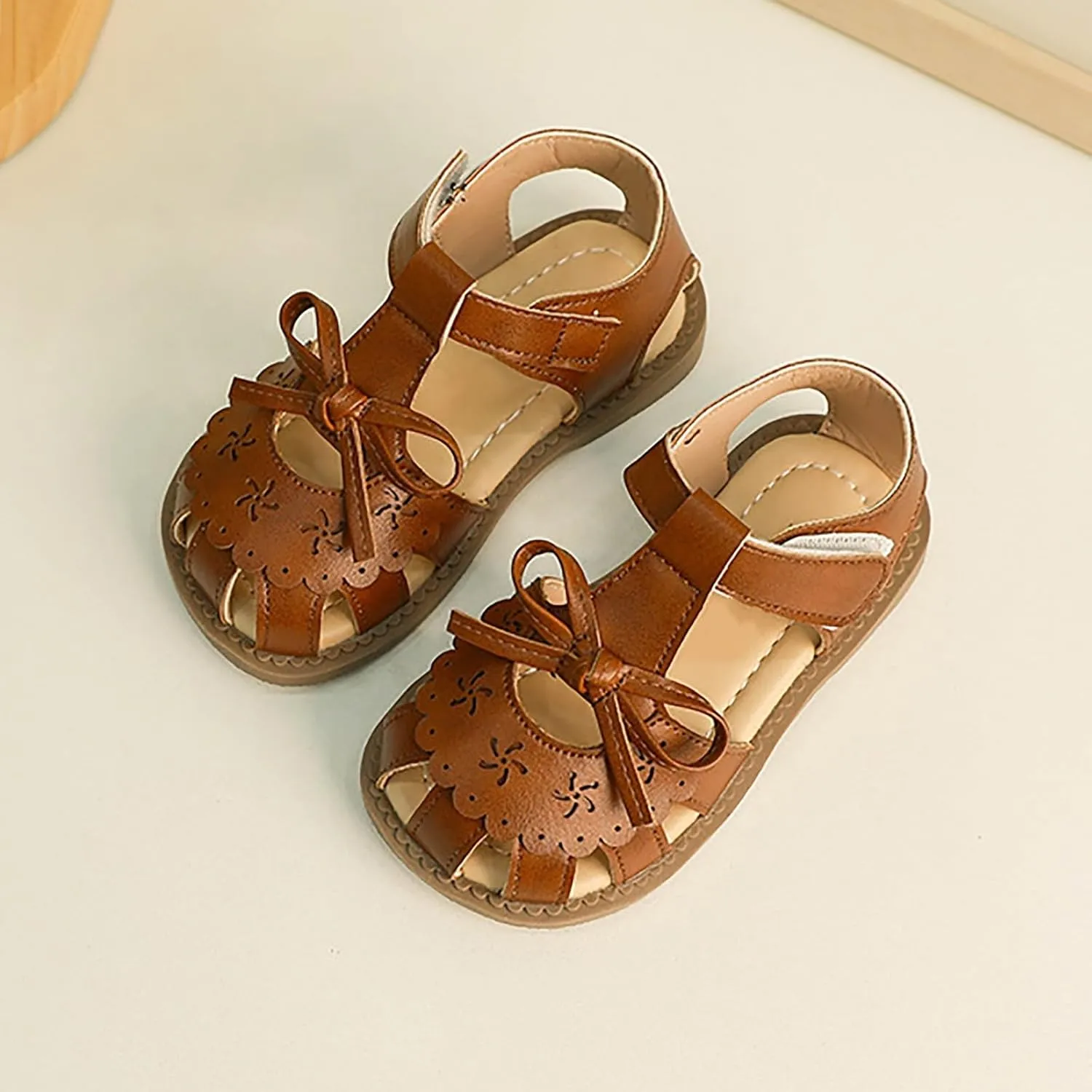 Girls Sandals Girls Summer Casual Soft Bottom Cute Bowknot Shoes Beach Baotou Sandals Buckles With Hook and Loop