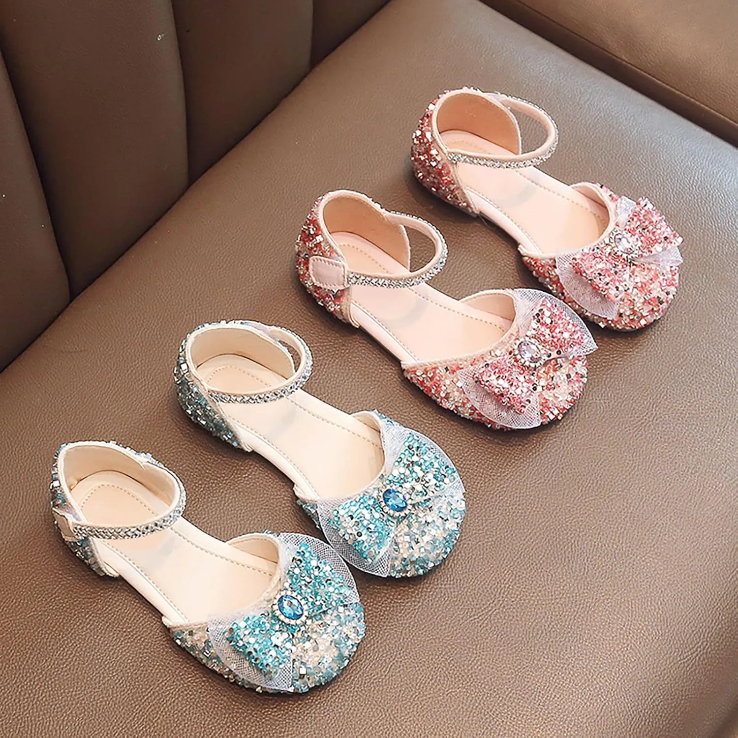 Girls Sandals Rhinestones Sequins Closed Toe Crystal Shoes Princess Shoes Bow Wedding Dress Shoes Toddler Girl Sandal (Pink, 3 Big Kids)
