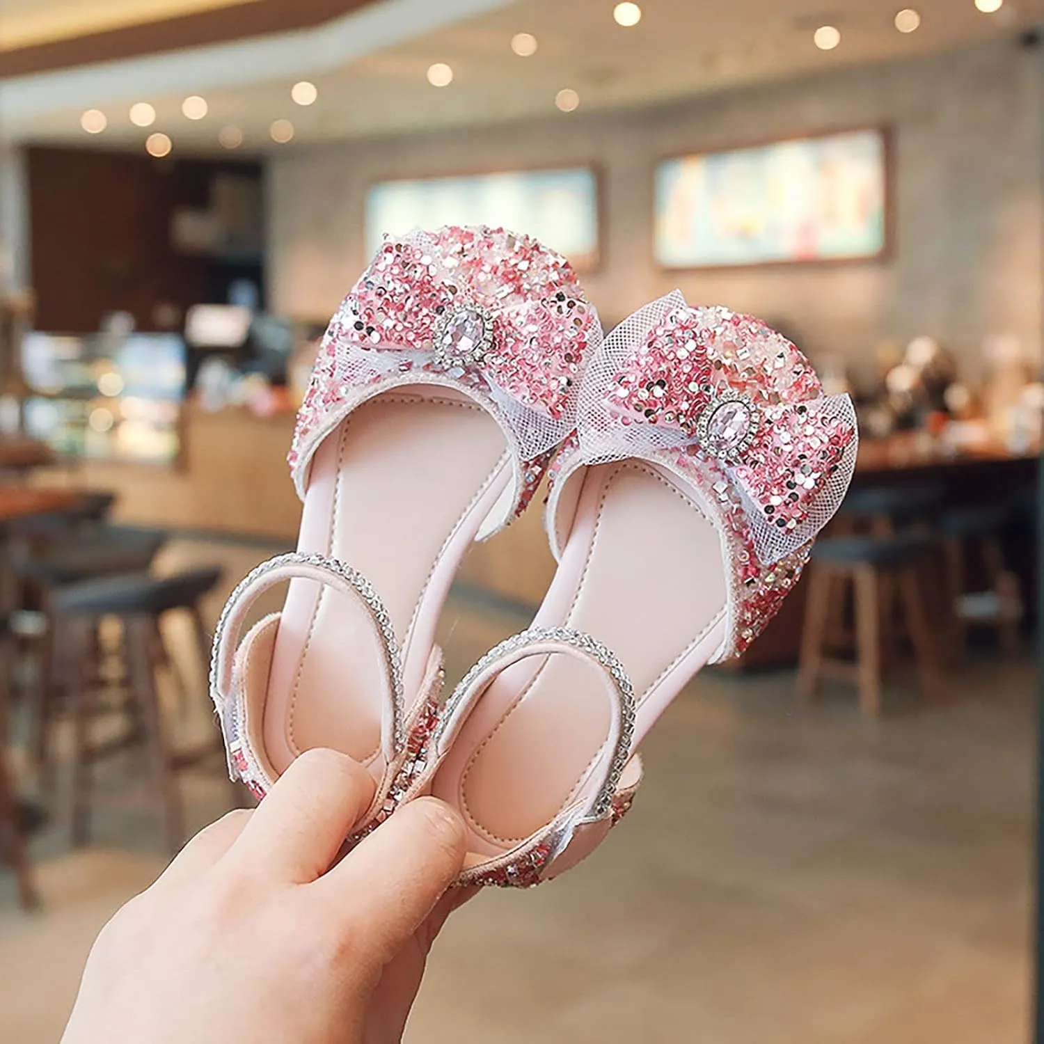 Girls Sandals Rhinestones Sequins Closed Toe Crystal Shoes Princess Shoes Bow Wedding Dress Shoes Toddler Girl Sandal (Pink, 3 Big Kids)