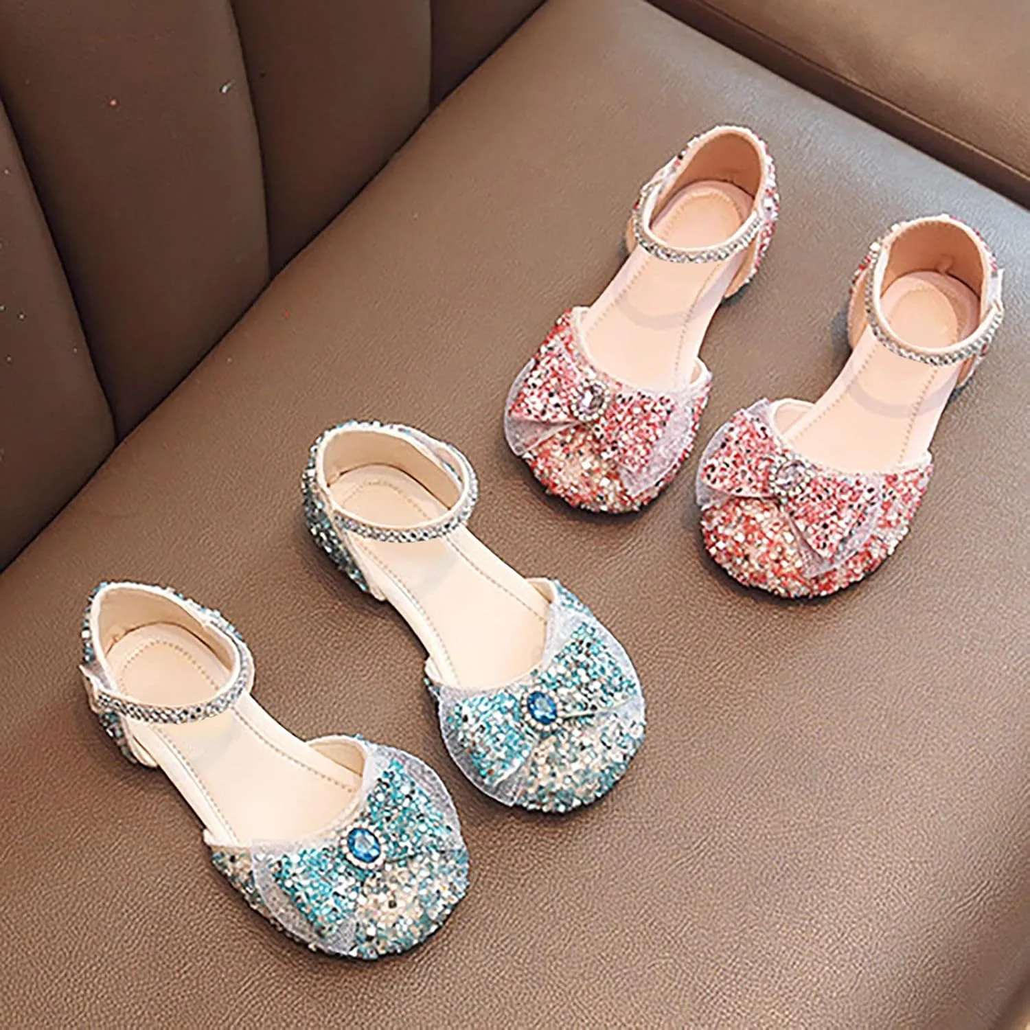 Girls Sandals Rhinestones Sequins Closed Toe Crystal Shoes Princess Shoes Bow Wedding Dress Shoes Toddler Girl Sandal (Pink, 3 Big Kids)