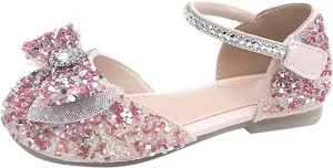 Girls Sandals Rhinestones Sequins Closed Toe Crystal Shoes Princess Shoes Bow Wedding Dress Shoes Toddler Girl Sandal (Pink, 3 Big Kids)