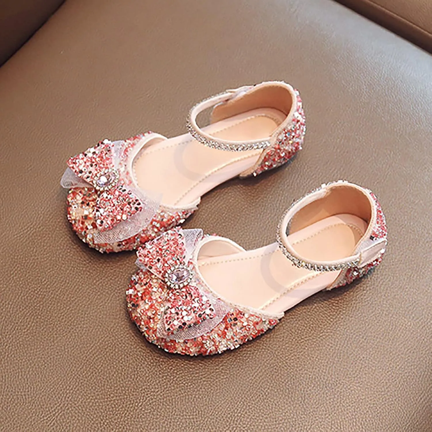 Girls Sandals Rhinestones Sequins Closed Toe Crystal Shoes Princess Shoes Bow Wedding Dress Shoes Toddler Girl Sandal (Pink, 3 Big Kids)