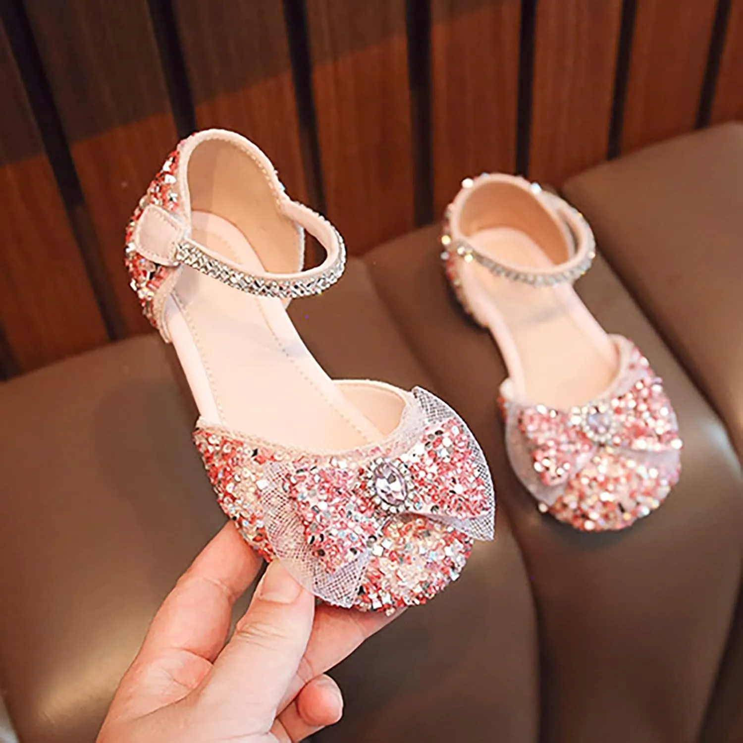 Girls Sandals Rhinestones Sequins Closed Toe Crystal Shoes Princess Shoes Bow Wedding Dress Shoes Toddler Girl Sandal (Pink, 3 Big Kids)