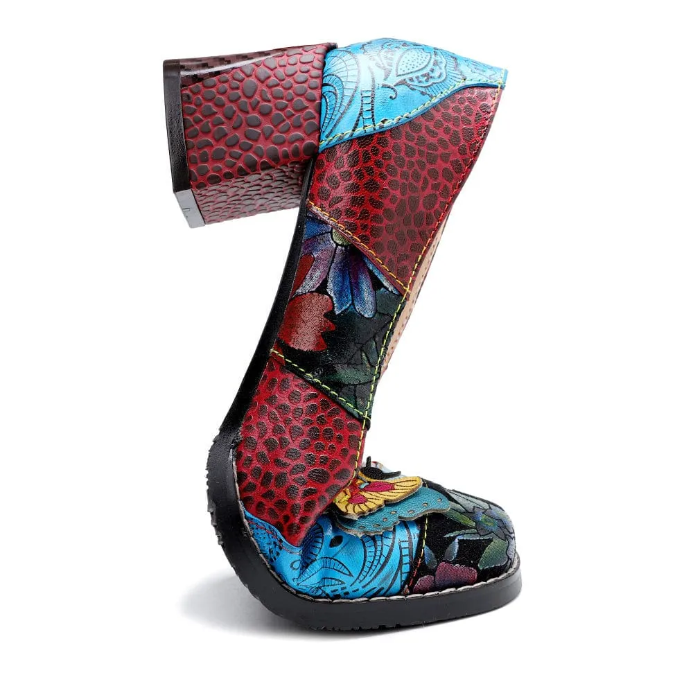 Hand Painted Leather Butterfly Chunky Heel (Elara)