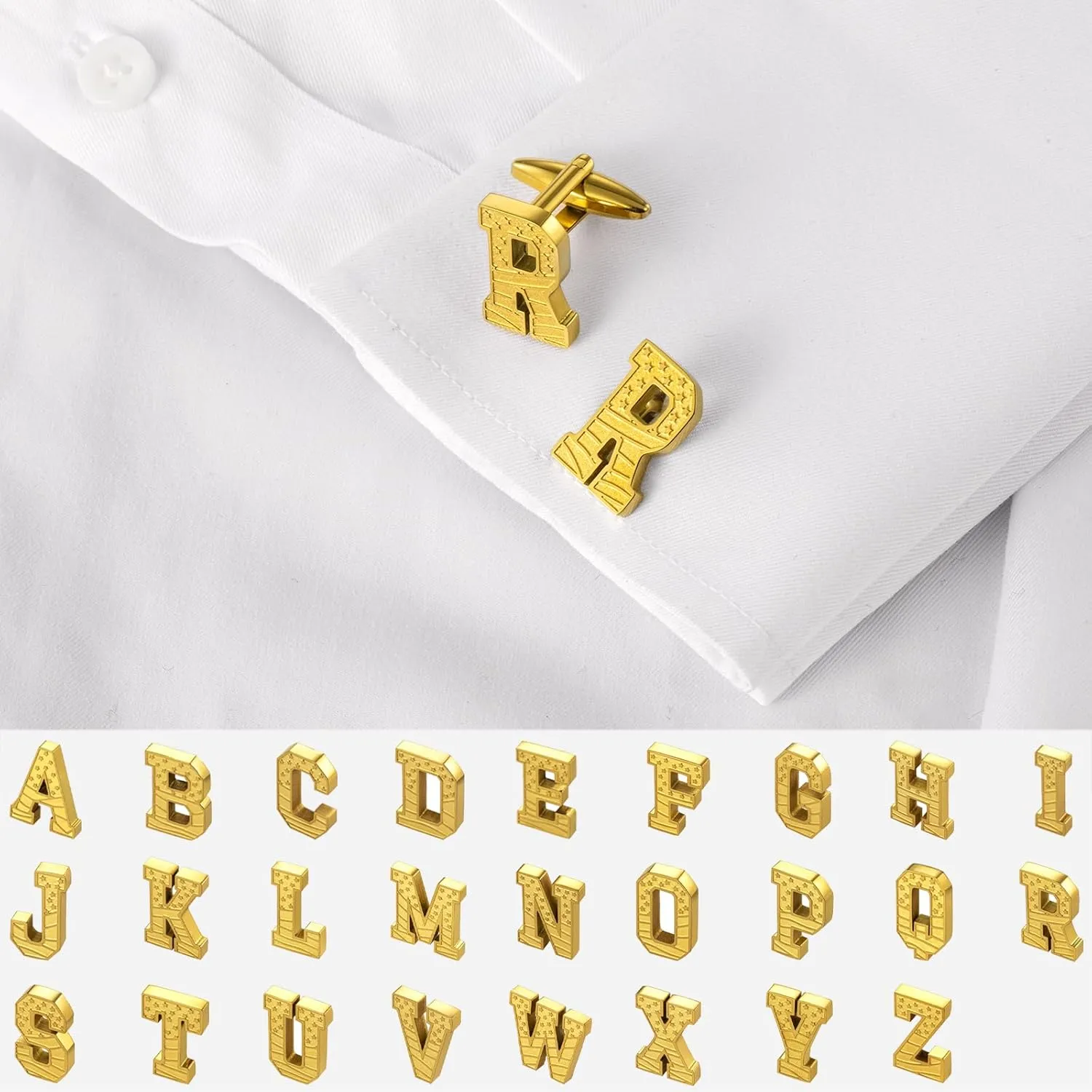 HAWSON Initial Cufflinks for Men with USA Flag Design, 18K Gold Letter Monogram Cuff Links Suits Shirt Studs for Wedding Party