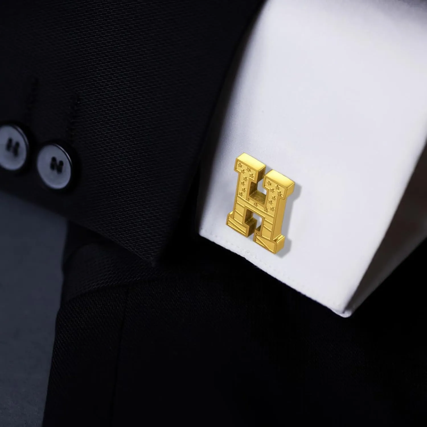HAWSON Initial Cufflinks for Men with USA Flag Design, 18K Gold Letter Monogram Cuff Links Suits Shirt Studs for Wedding Party