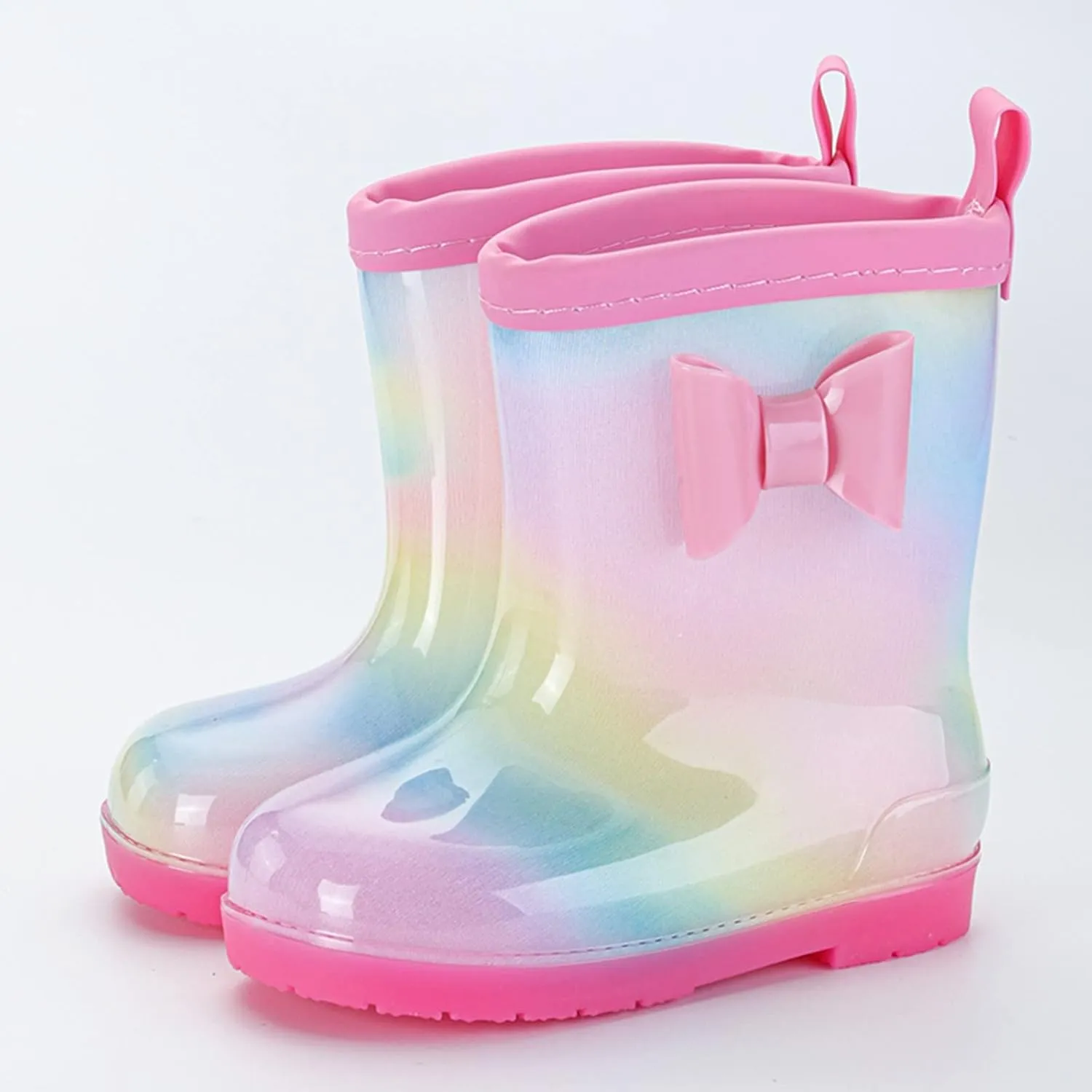 Kids Bow Rain Boots for Girls Boys Toddler Waterproof Rubber Cute Rainbow Rain Shoes with Easy On Baby Girl Shoes