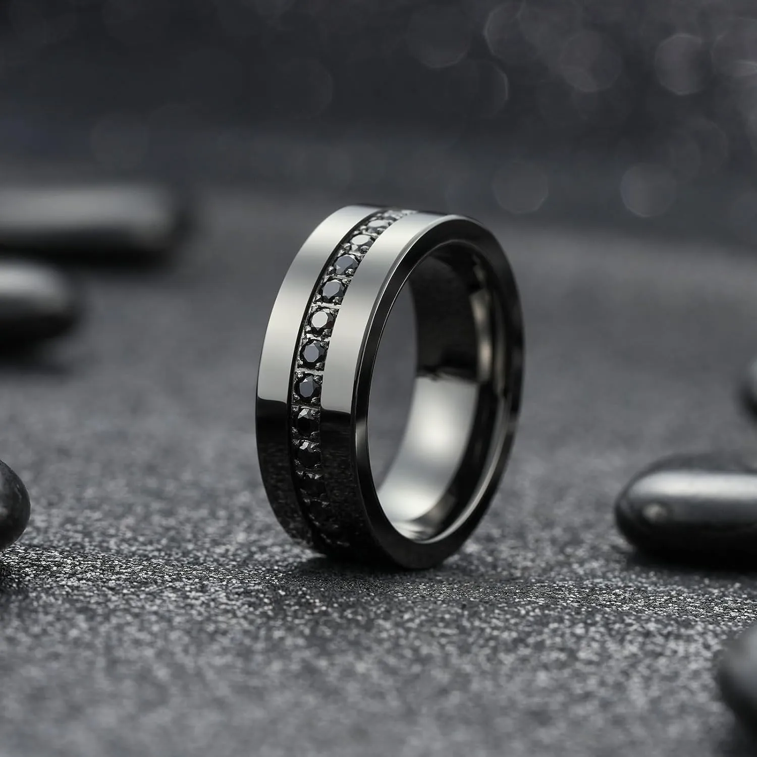 King Will Mens Tungsten Wedding Band with Cubic Zircon Inlay 7mm/8mm Flat Cut Comfort Fit Engagement Rings