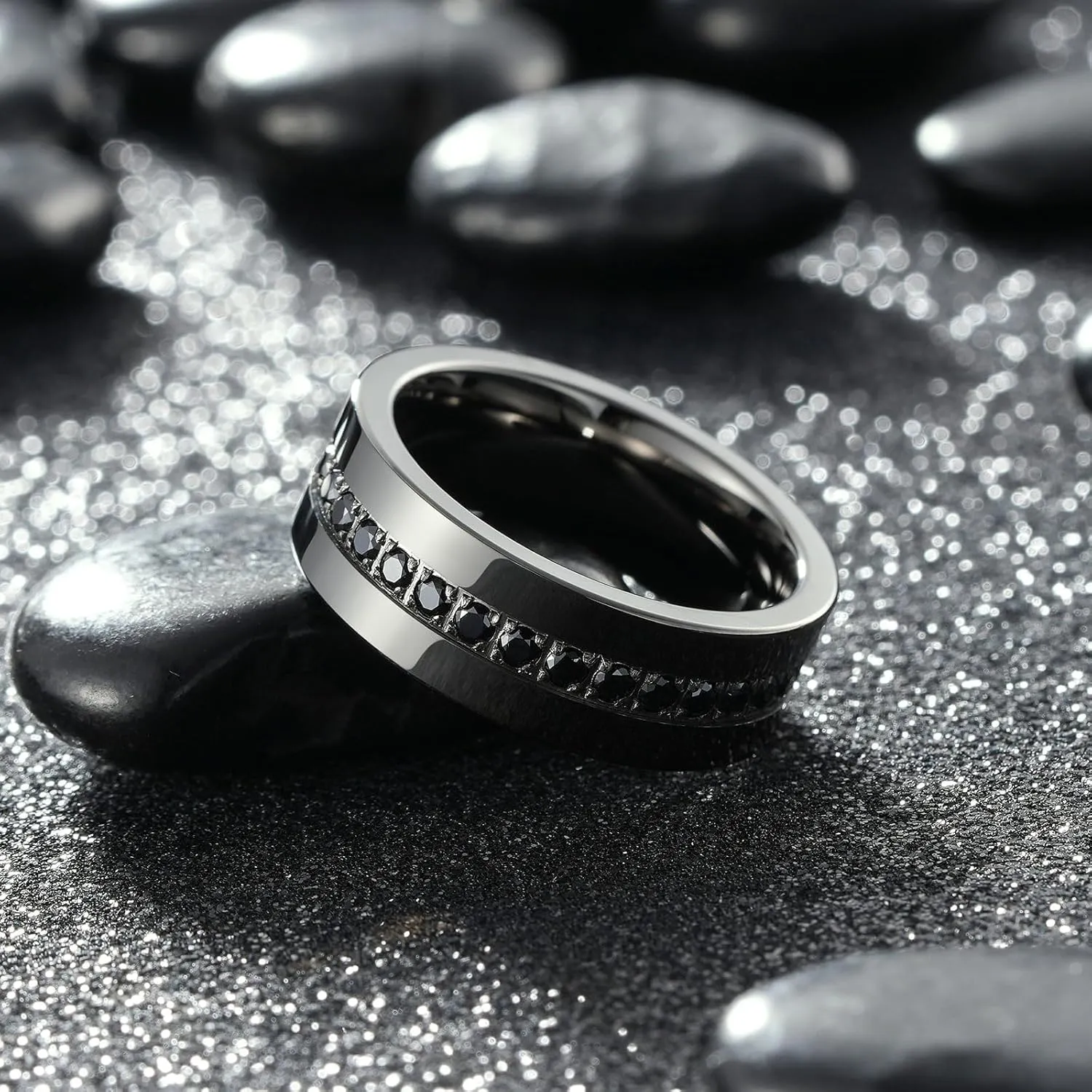 King Will Mens Tungsten Wedding Band with Cubic Zircon Inlay 7mm/8mm Flat Cut Comfort Fit Engagement Rings