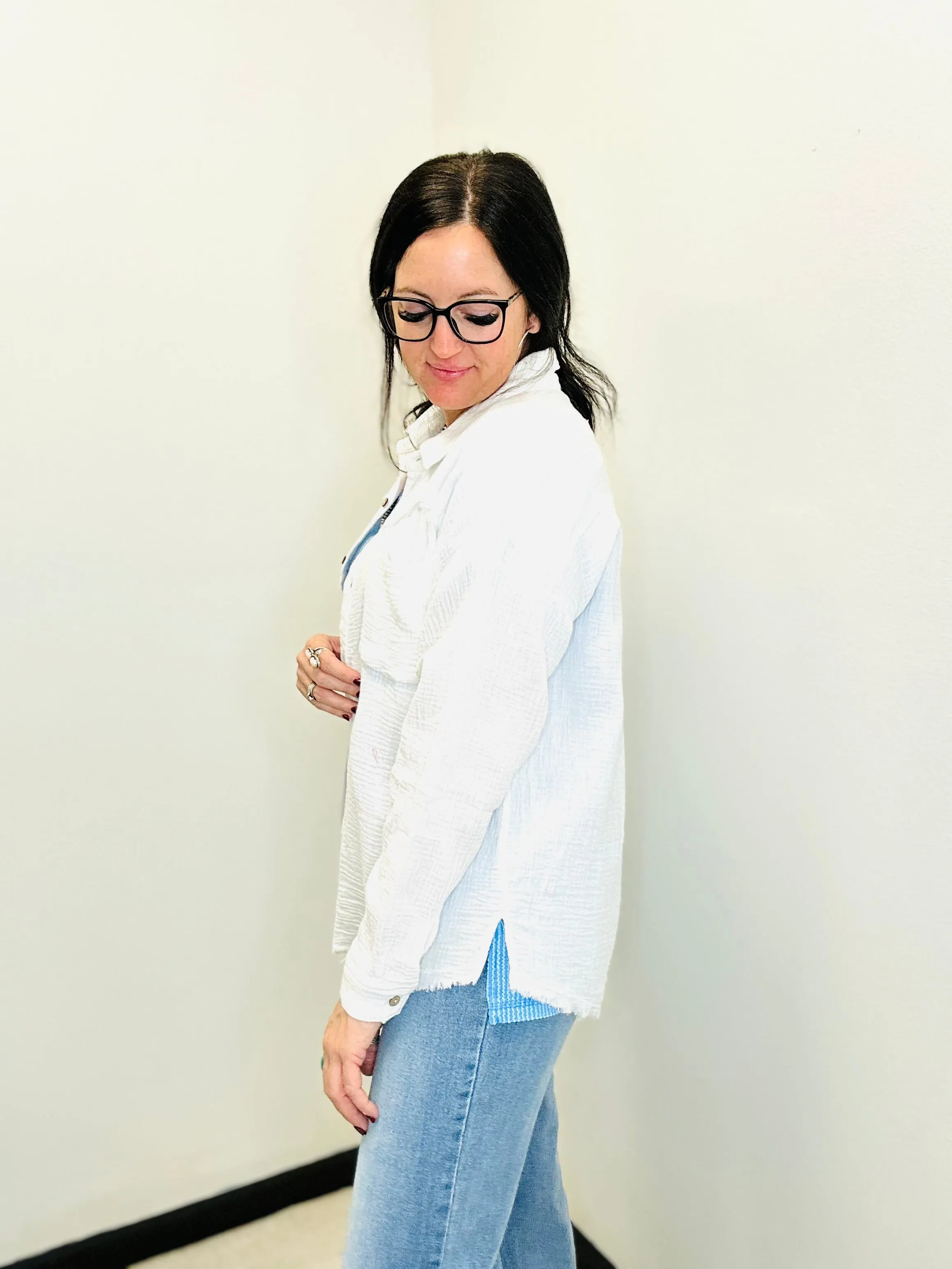 Leslie White Button Up Gauze Blouse