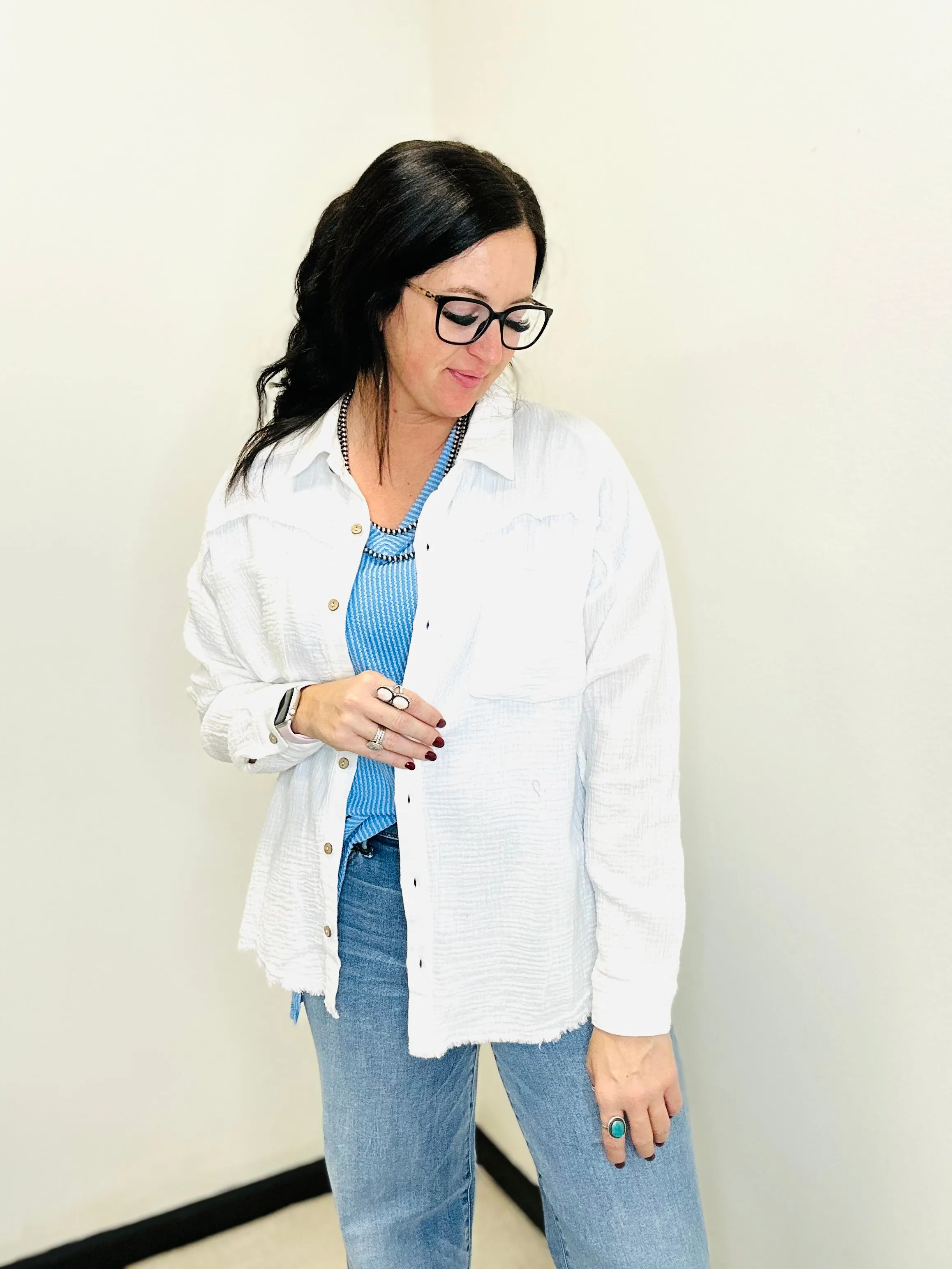Leslie White Button Up Gauze Blouse