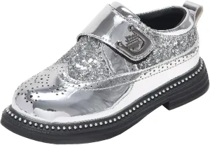 Little Big Boys Girls Dress Oxfords Hook&Loop Shiny Glitter Formal Shoes for Wedding Party Show Ceremony
