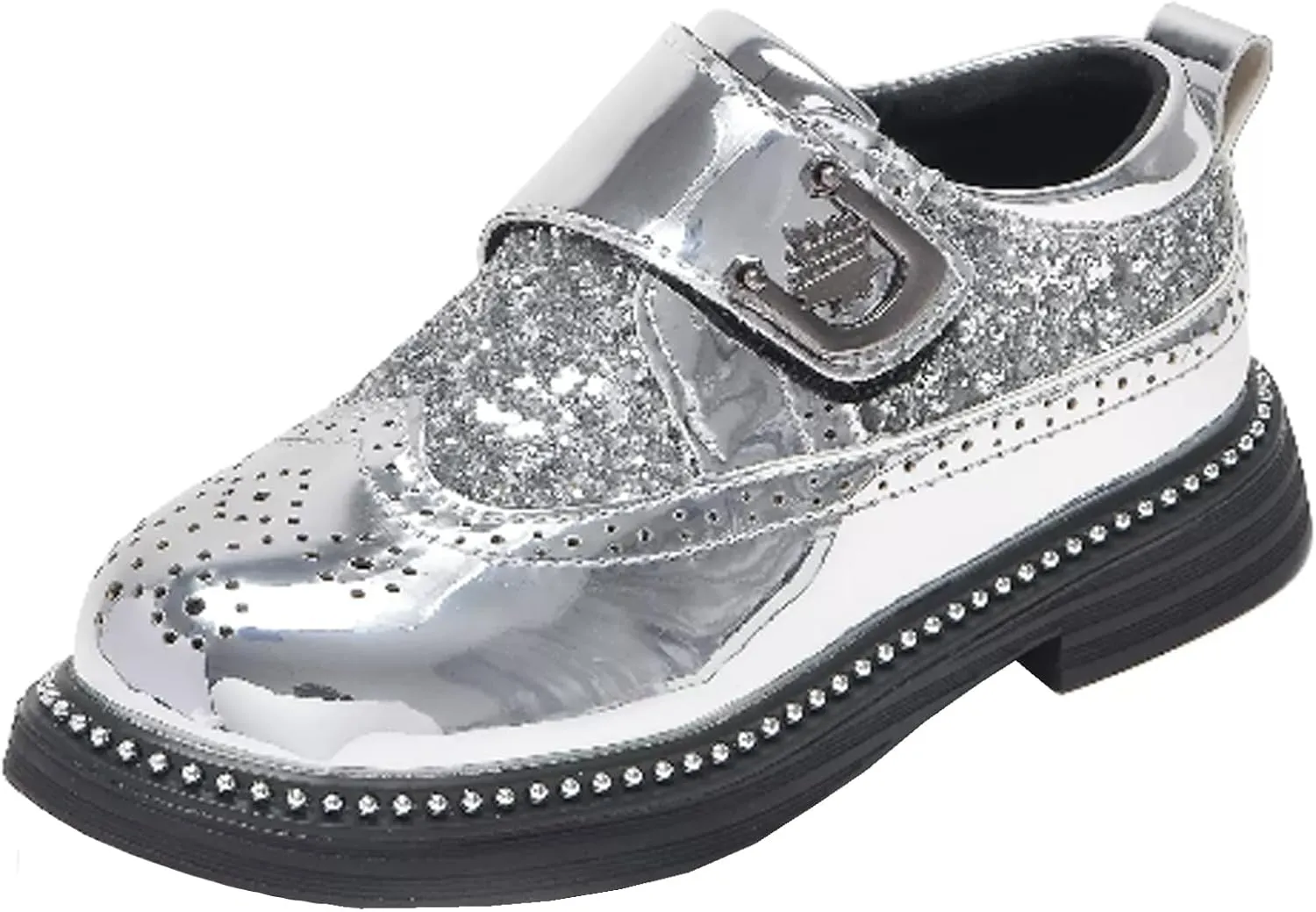 Little Big Boys Girls Dress Oxfords Hook&Loop Shiny Glitter Formal Shoes for Wedding Party Show Ceremony