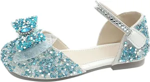 Little Girls Sandals Rhinestones Sequins Closed Toe Crystal Shoes Princess Shoes Bow Wedding Dress (Blue, 3 Big Kids)