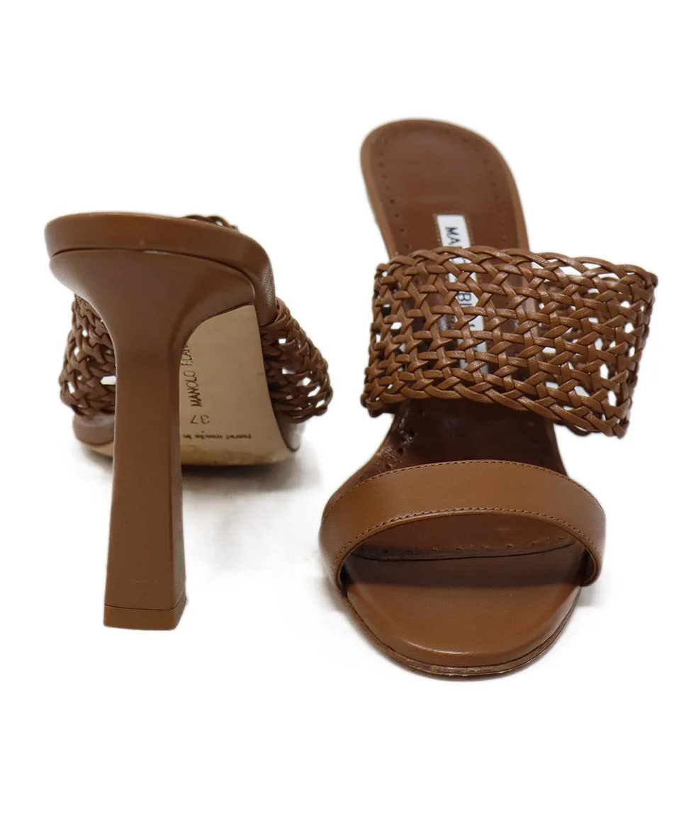 Manolo Blahnik Brown Leather Cutwork Sandals sz 7