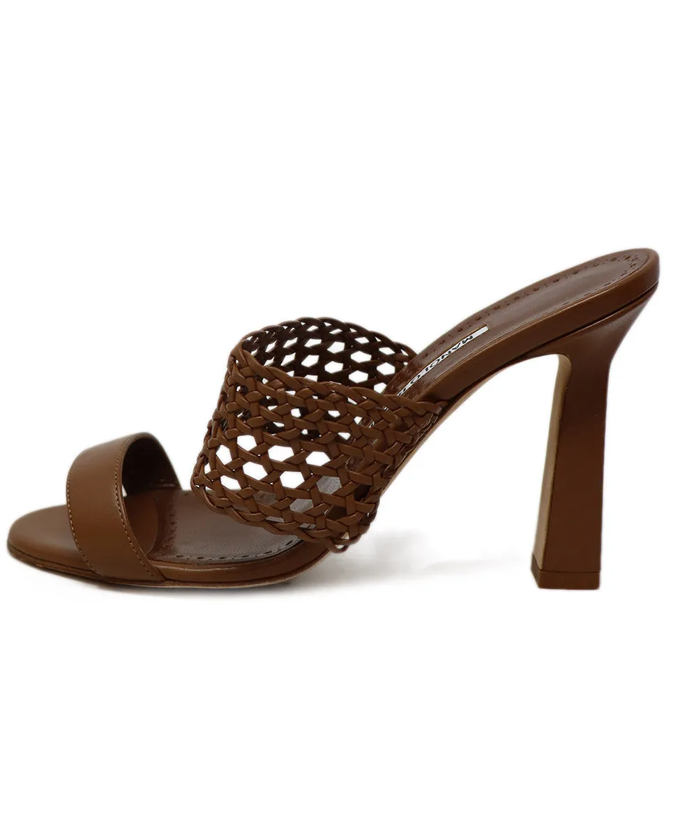 Manolo Blahnik Brown Leather Cutwork Sandals sz 7