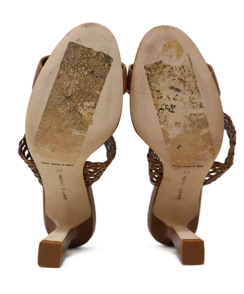 Manolo Blahnik Brown Leather Cutwork Sandals sz 7