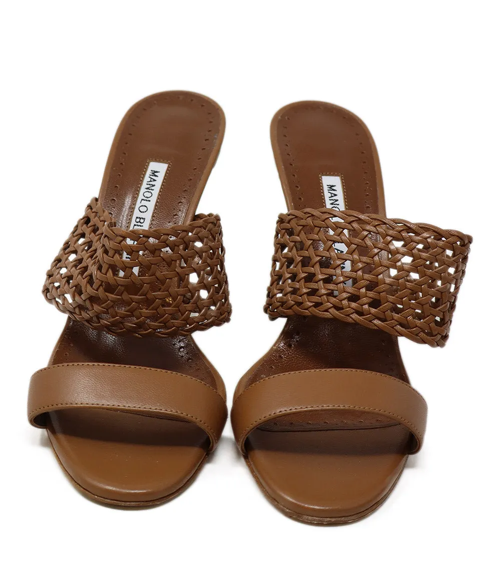 Manolo Blahnik Brown Leather Cutwork Sandals sz 7