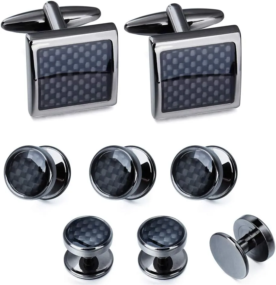 Mens Cufflinks and Tuxedo Studs Set in Gift Box (Carbon Fiber), Jewelry or Accessories in Gold Silver Black Tone, Matching with Shirts Vest and Bow tie, Suitable for Birthday Wedding Anniversary