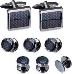 Mens Cufflinks and Tuxedo Studs Set in Gift Box (Carbon Fiber), Jewelry or Accessories in Gold Silver Black Tone, Matching with Shirts Vest and Bow tie, Suitable for Birthday Wedding Anniversary