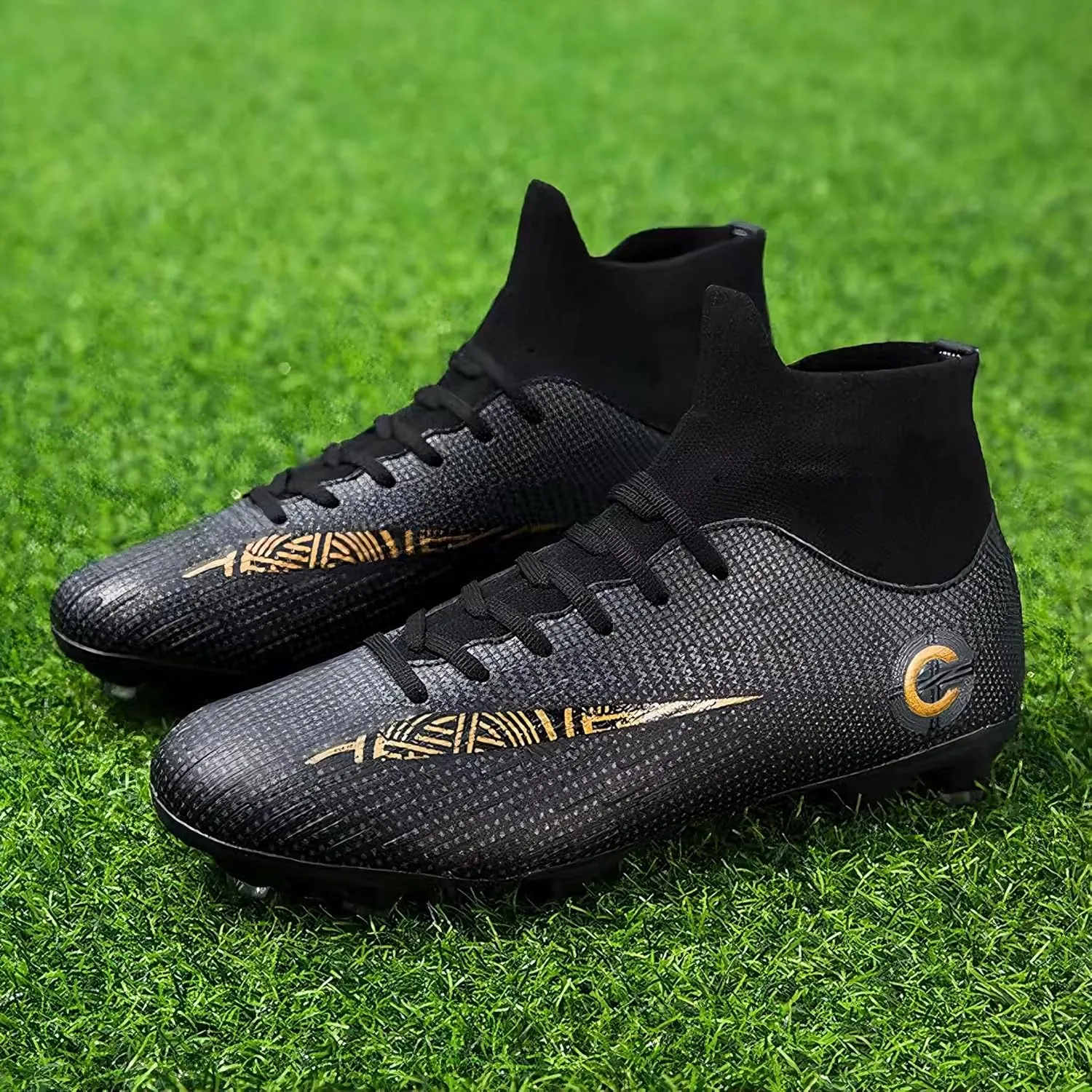 Men's Soccer Cleats Football Shoes with Non-Slip Spikes High-Tops Lace-Up Ankle Support Outdoor Firm Ground Turf Baseball Lacrosse Combat Boots