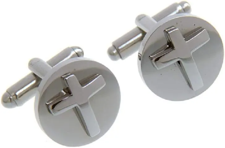 MRCUFF Cross Round Raised Pair Cufflinks in a Presentation Gift Box & Polishing Cloth
