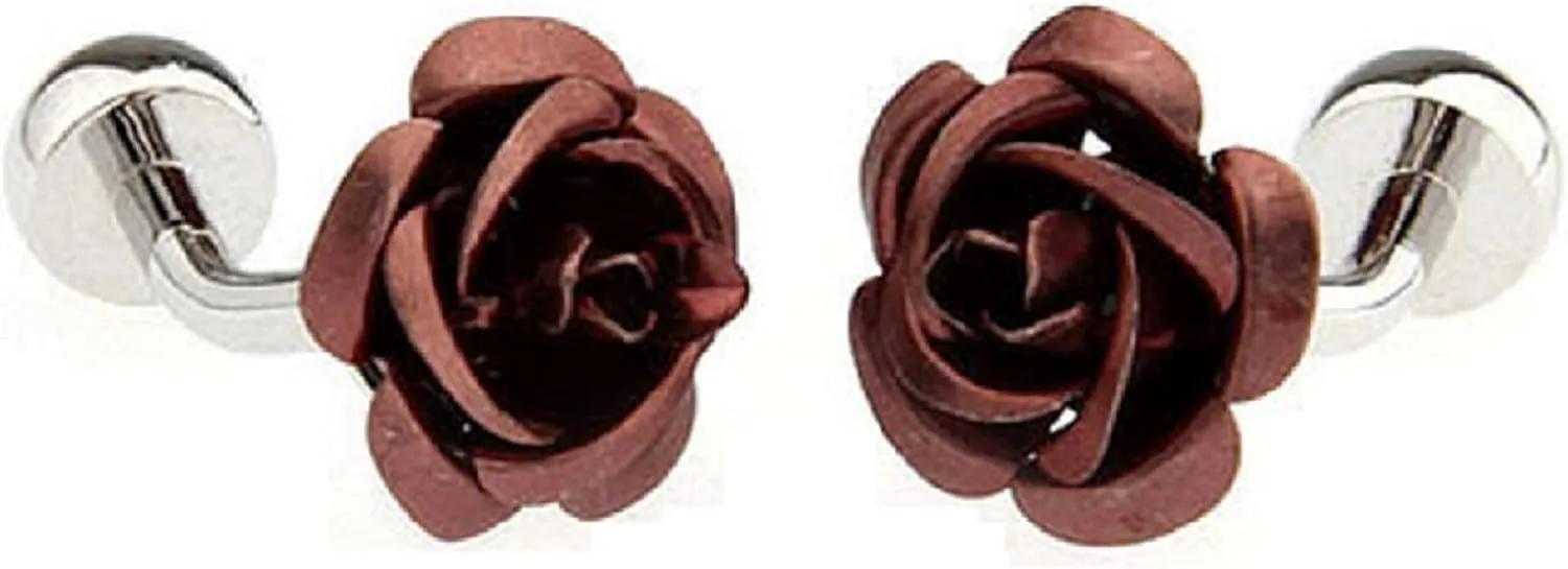MRCUFF Rose Flower Brown Bronze Pair of Cufflinks in a Presentation Gift Box with a Polishing Cloth